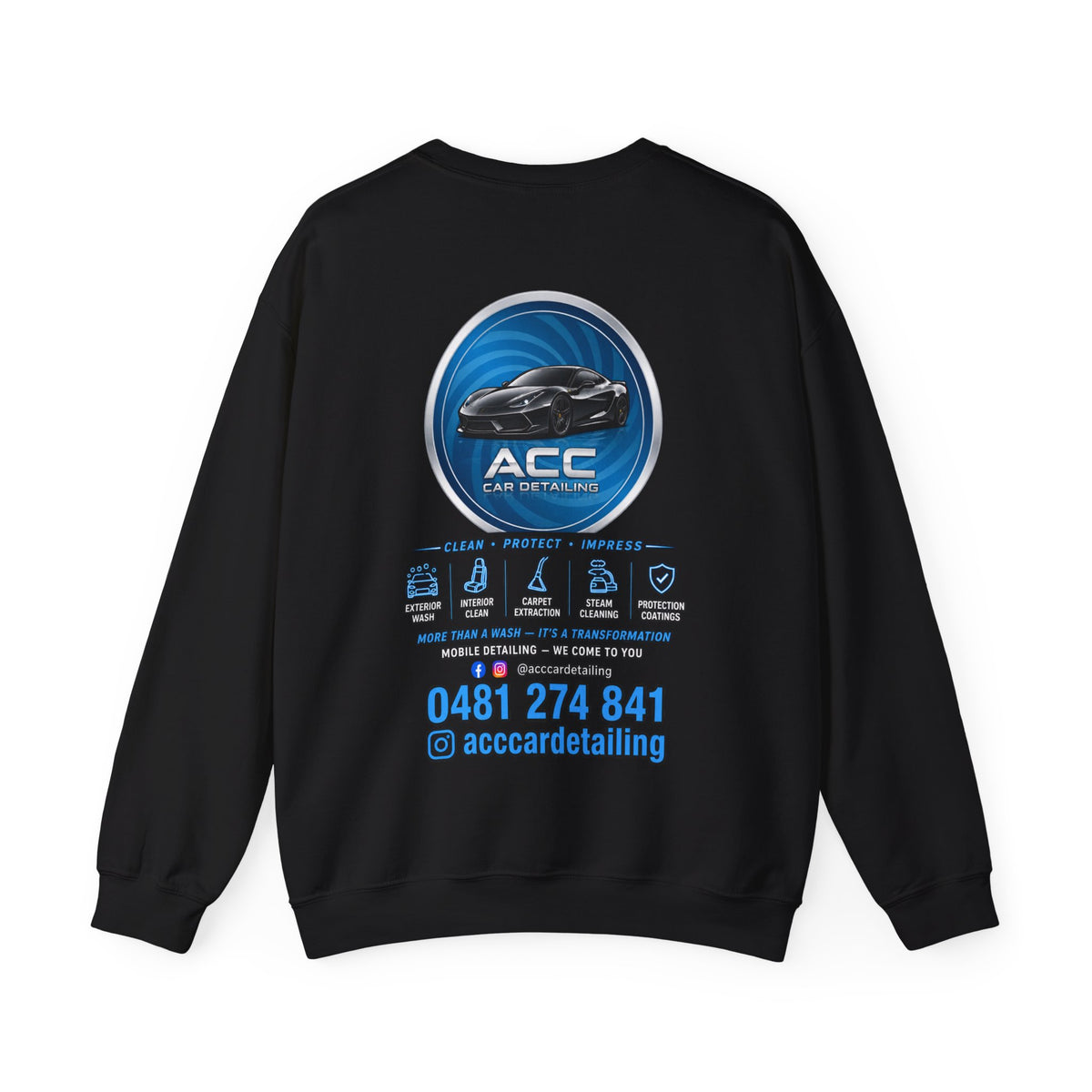 ACC Car Detailing Logo Sweatshirt — Automotive Detailing Crewneck with Service Icons & Contact
