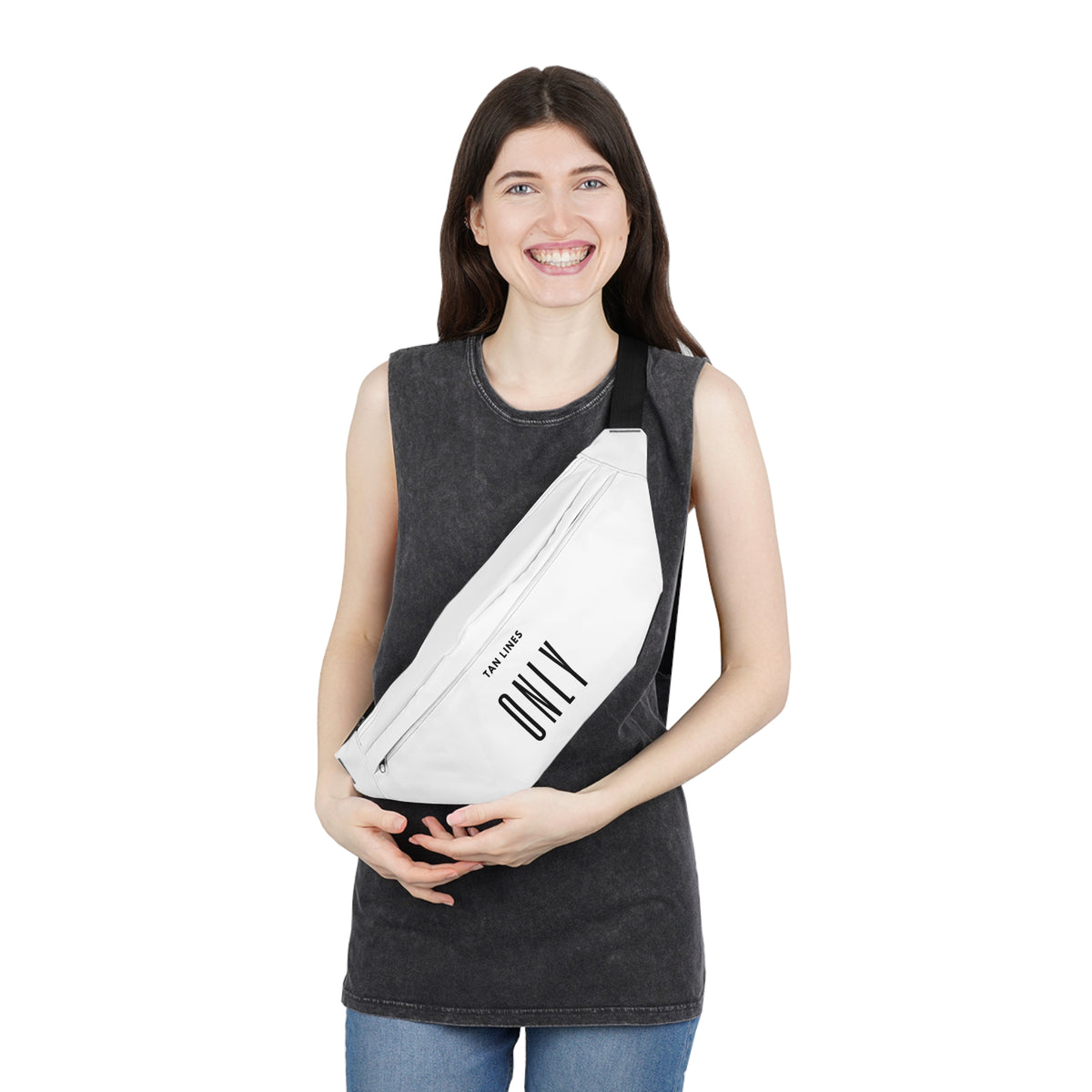 Tan Lines ONLY Text Large Fanny Pack — Minimalist White/Black Waist Bag