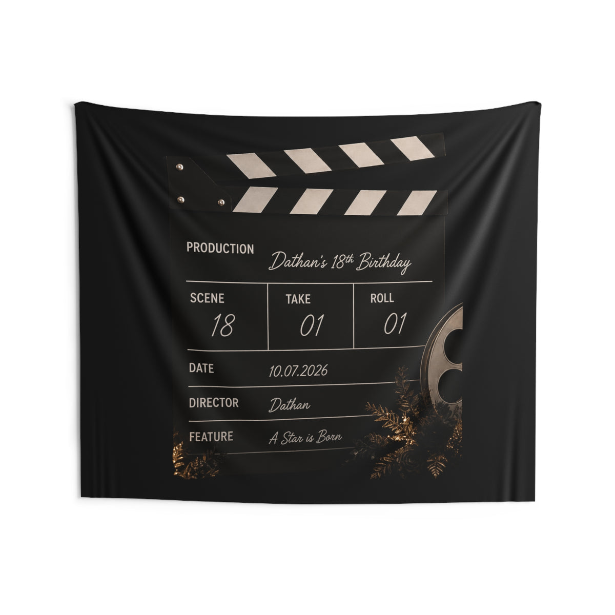 Film Slate Wall Tapestry — Personalized "Dathan's 18th Birthday" Movie Clapper Decor