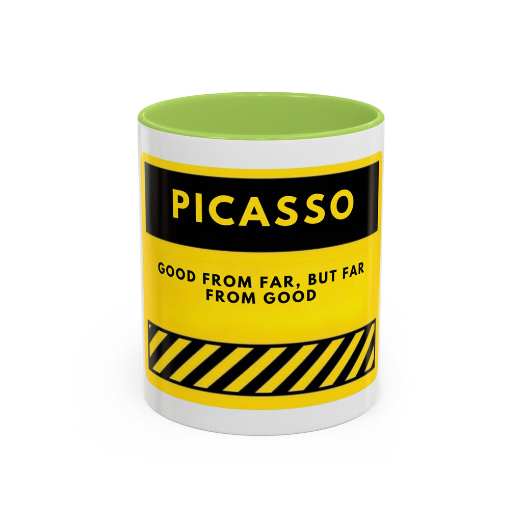 Picasso Quote Coffee Mug — 'Good From Far, But Far From Good' Yellow Accent Mug