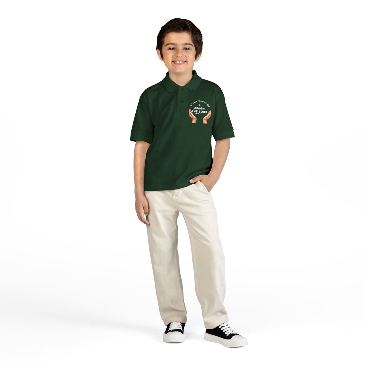 Youth Polo ( white font ) — 'In God We Trust' Hands Logo Embroidered Chest Shirt